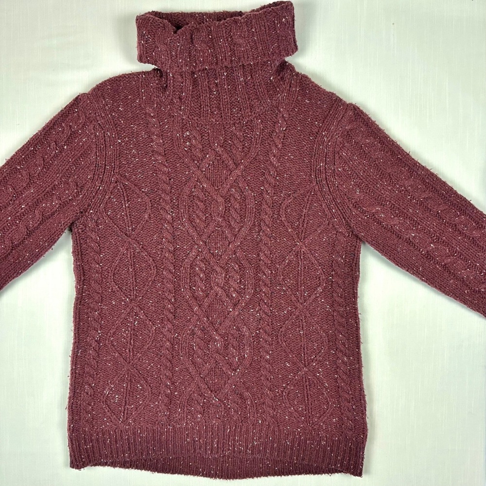Orvis Womens Burgundy Marl Cable Knit Turtleneck Sweater Large Cowl Neck Flecked